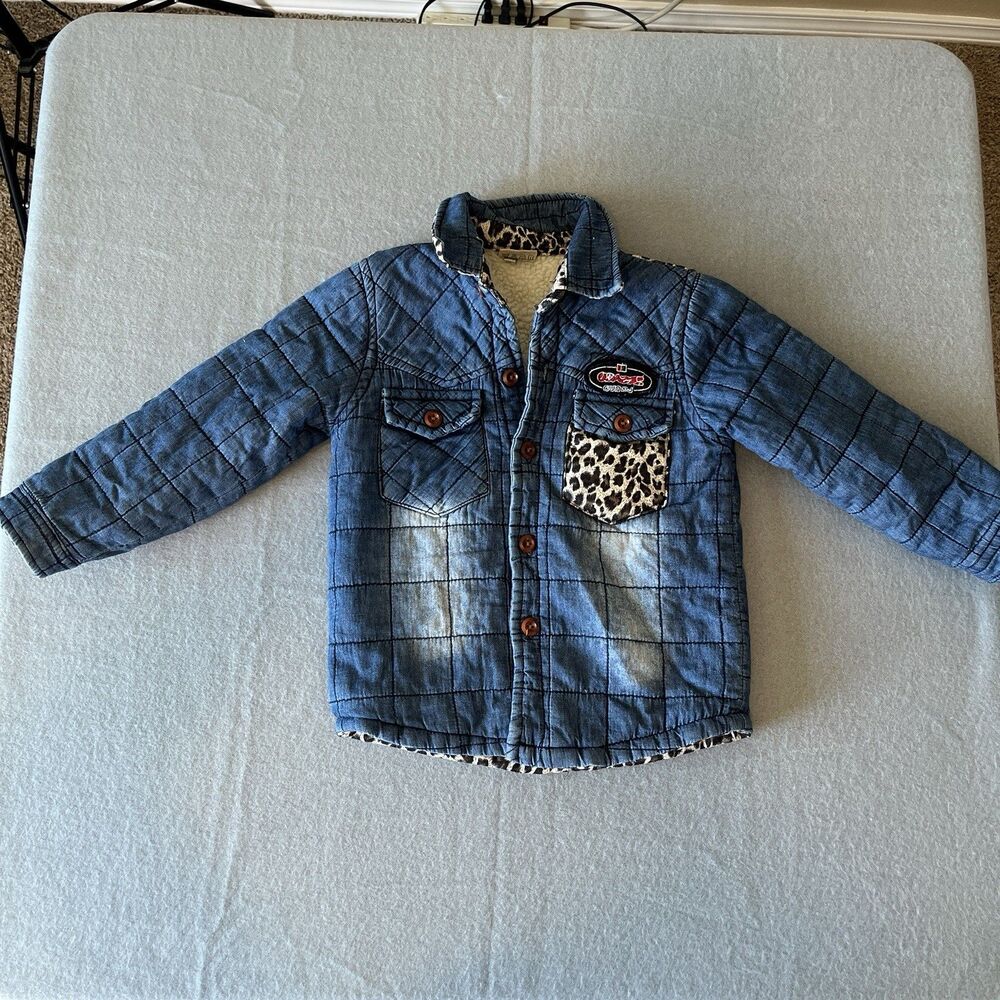 Cheetah Denim Jacket Quilted Sherpa Lined KPOP Kids Youth Size 5